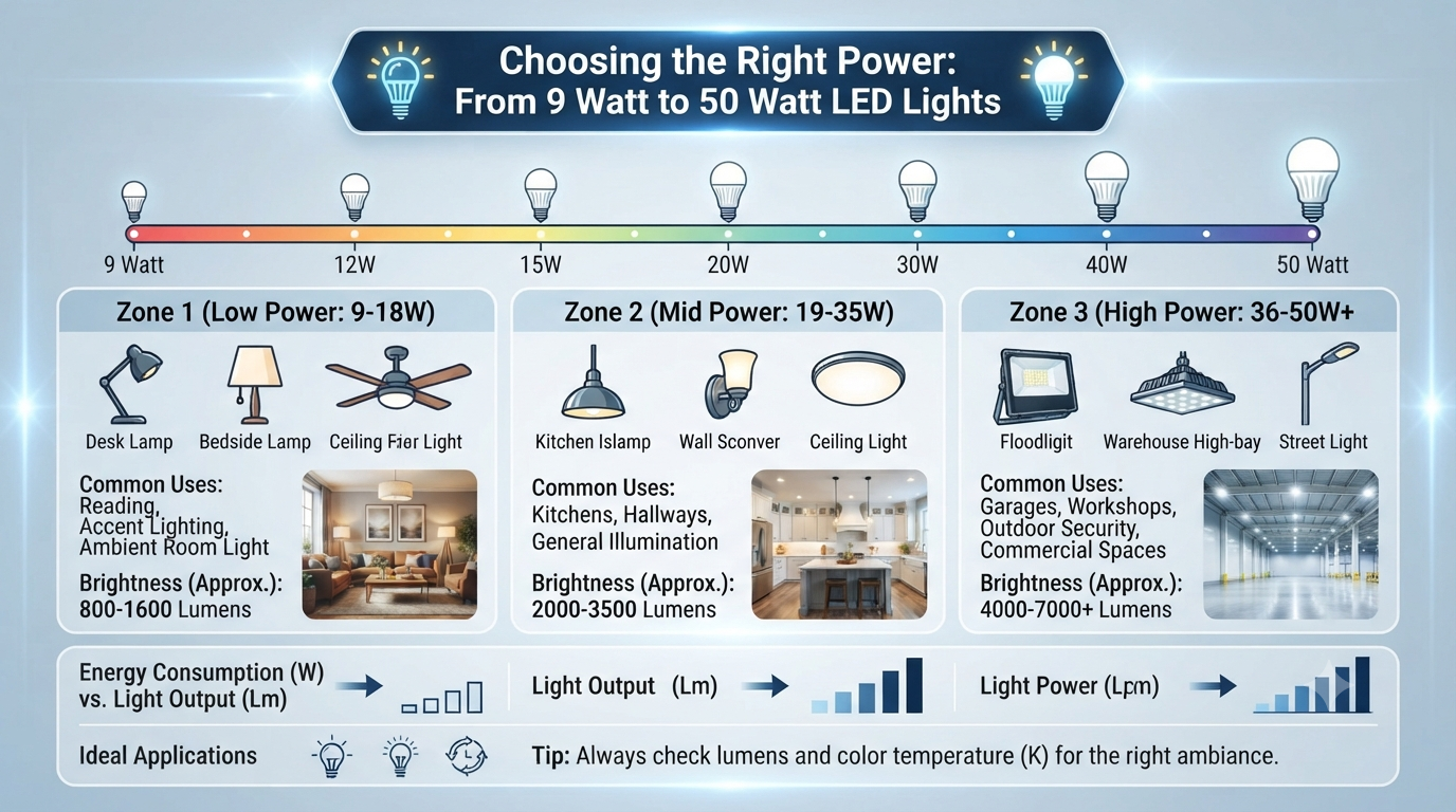 Choosing the Right Power: From 9 Watt to 50 Watt LED Lights