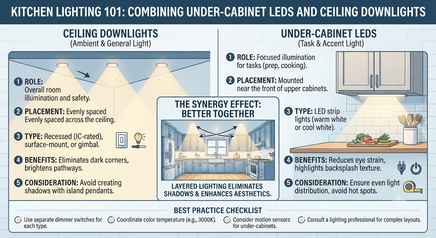 Kitchen Lighting 101: Combining Under-Cabinet LEDs and Ceiling Downlights