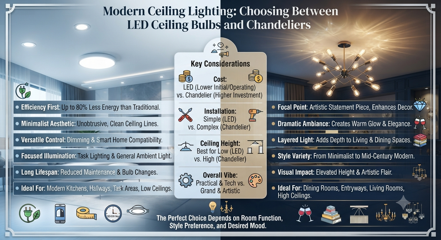 Modern Ceiling Lighting: Choosing Between LED Ceiling Bulbs and Chandeliers