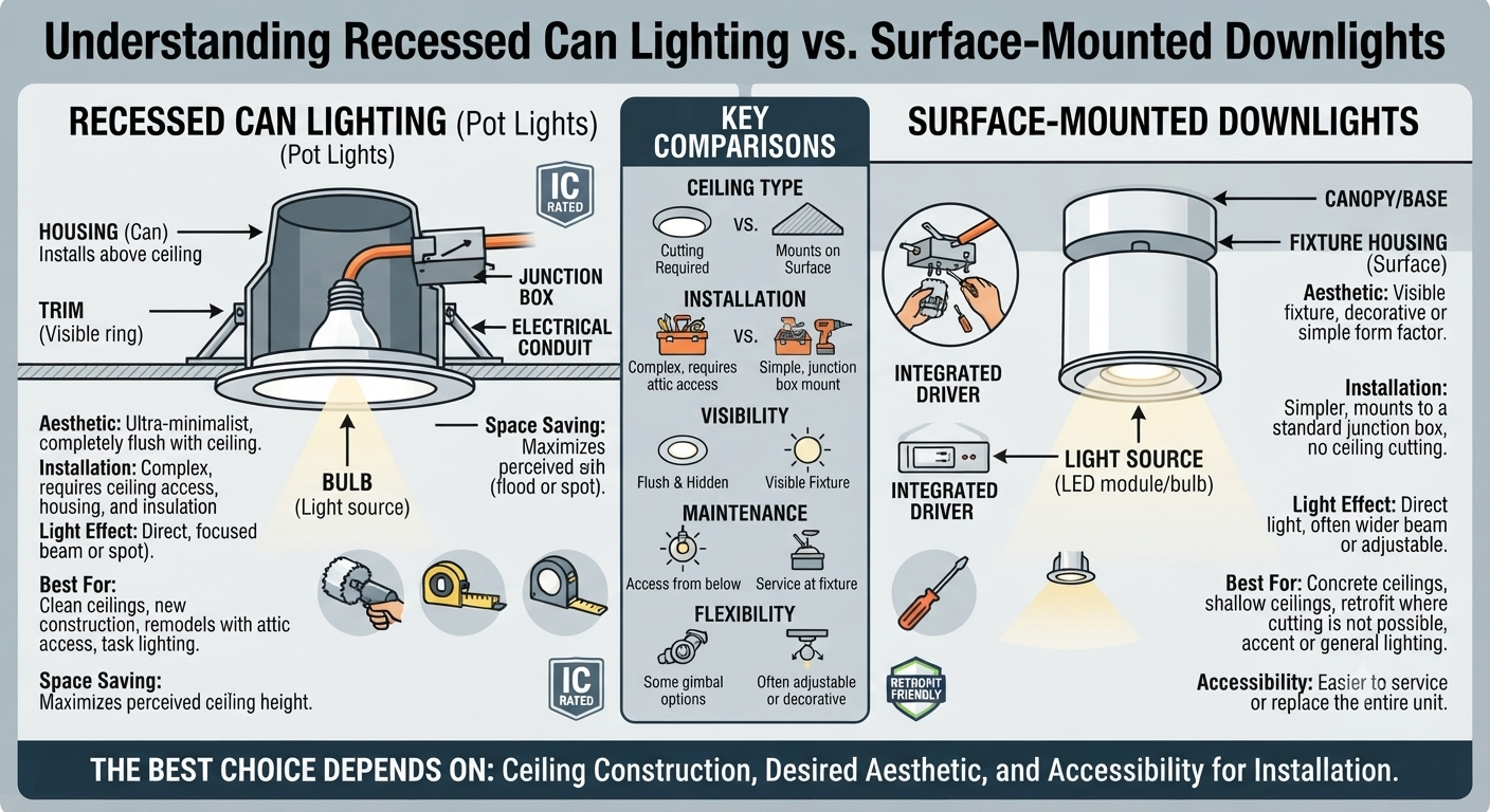 Understanding Recessed Can Lighting vs. Surface-Mounted Downlights